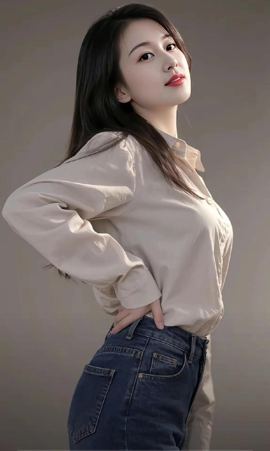 优雅气质，浅米色衬衫搭配牛仔裤，轻松自然。