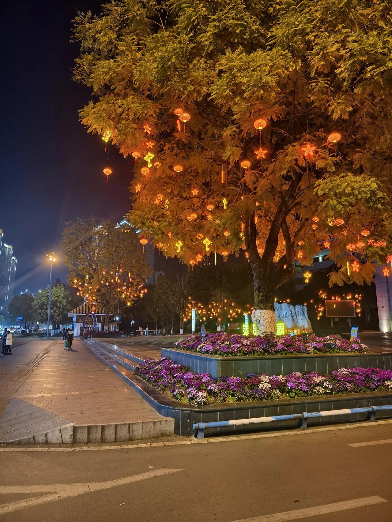 夜景好美
        ——南木子
火树银花不夜天，
足医门前蛮温暖。
此时路