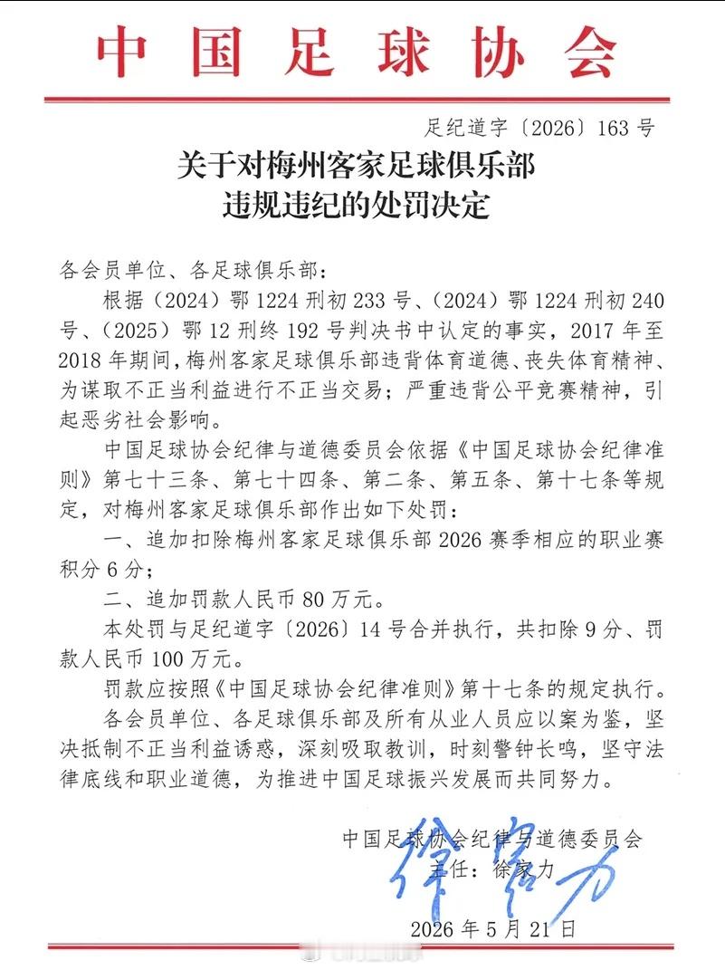 在中国足协最新公布的处罚决定中，决定对梅州客家进行追加处罚。梅州客家被追加扣除6