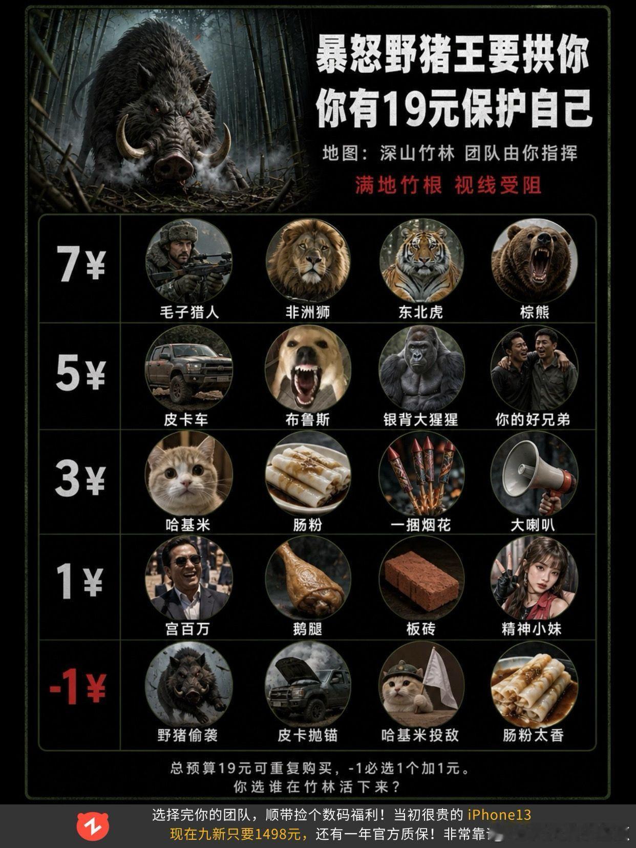 暴怒野猪王在竹林拱你，你有19元用来保命。东北虎 棕熊 银背大猩猩野猪选择 