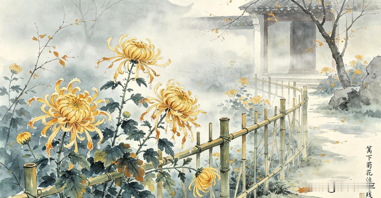 【原创作品】
 七绝•观秋偶成
     文/张和平
篱下菊花泣露残，庭前梧叶带