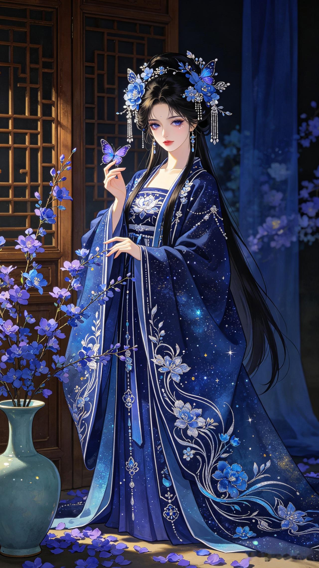 鹧鸪天·蓝蝶幽梦

星河织就碧云裳，幽蓝如梦夜未央。
青瓷瓶中插新蕊，玉指轻抬引