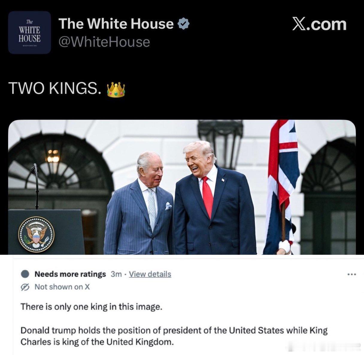 白宫X官号发了一张照片和一句话，大写：“TWO KINGS. 👑”（两位国王）