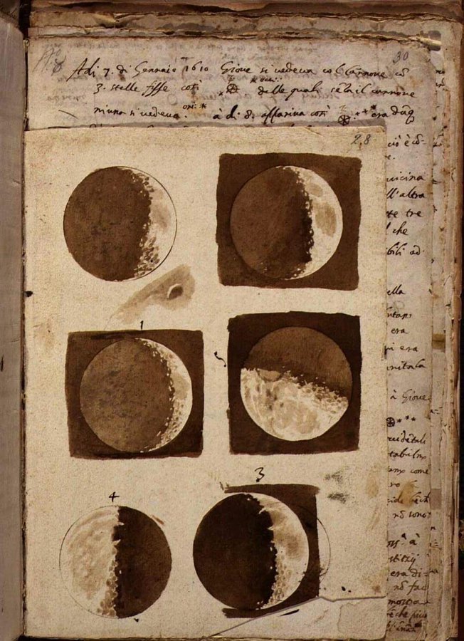 1609 年，伽利略过望远镜观察月球后绘制的第一幅月球图画。 