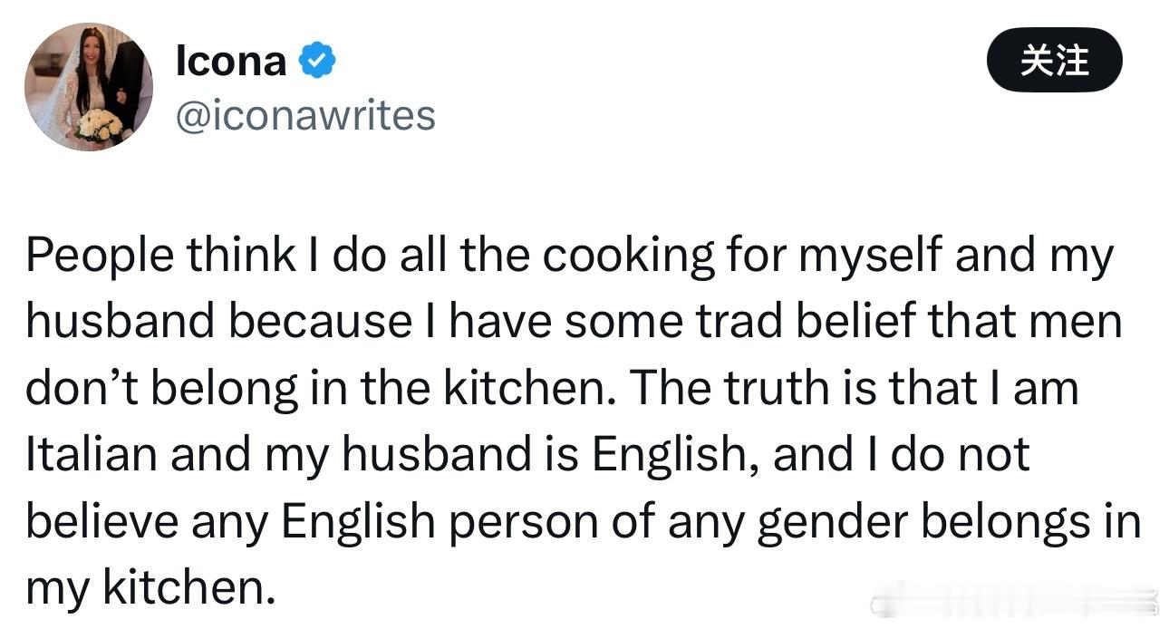 这位意大利女士从来不让丈夫下厨，但她声称自己从未抱着“男人不该进厨房”的老保观念
