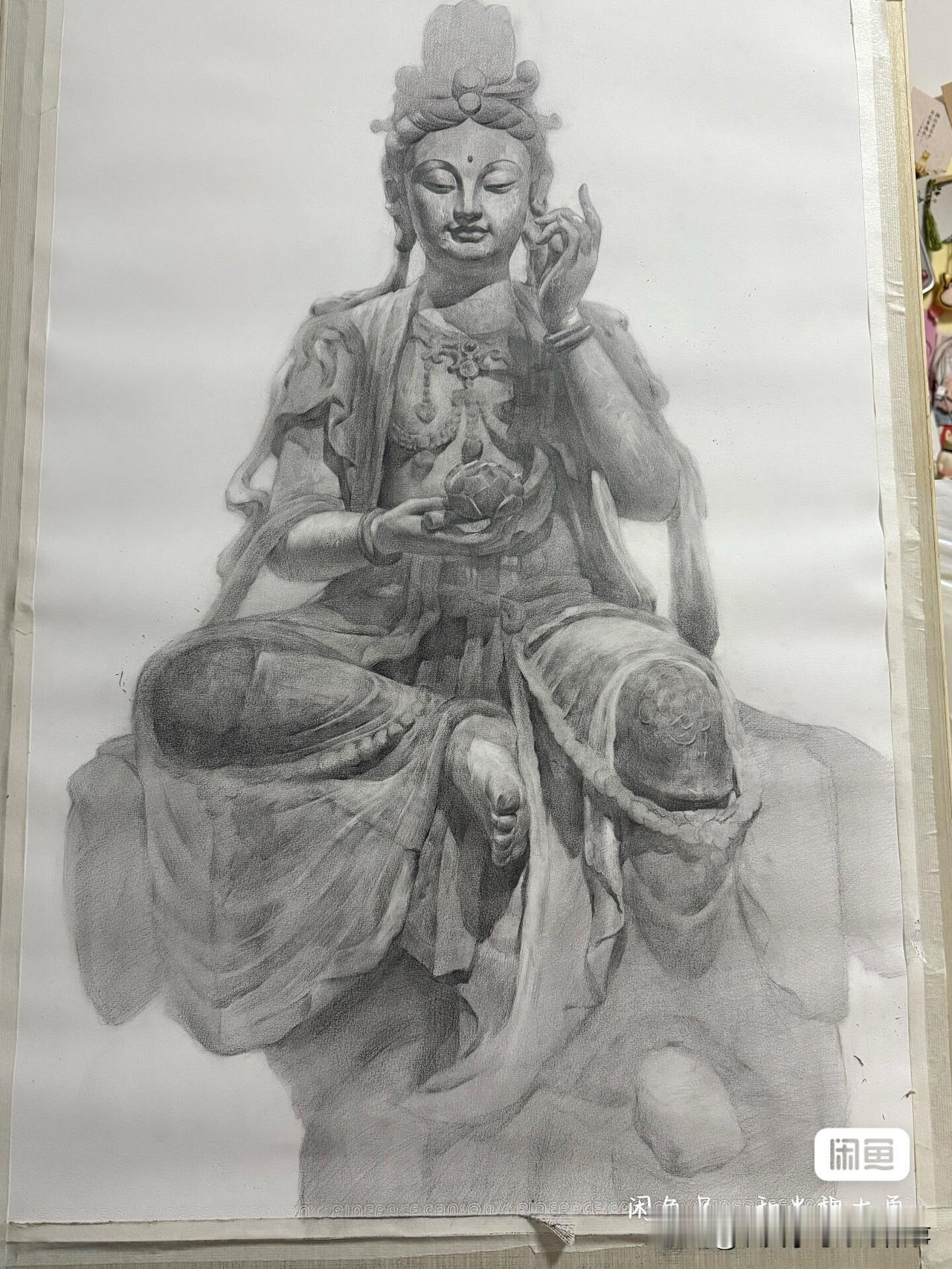 素描 水月观音纯手绘，还没画完，确定要会继续画完，细节丰富，适合装饰或收藏。尺寸