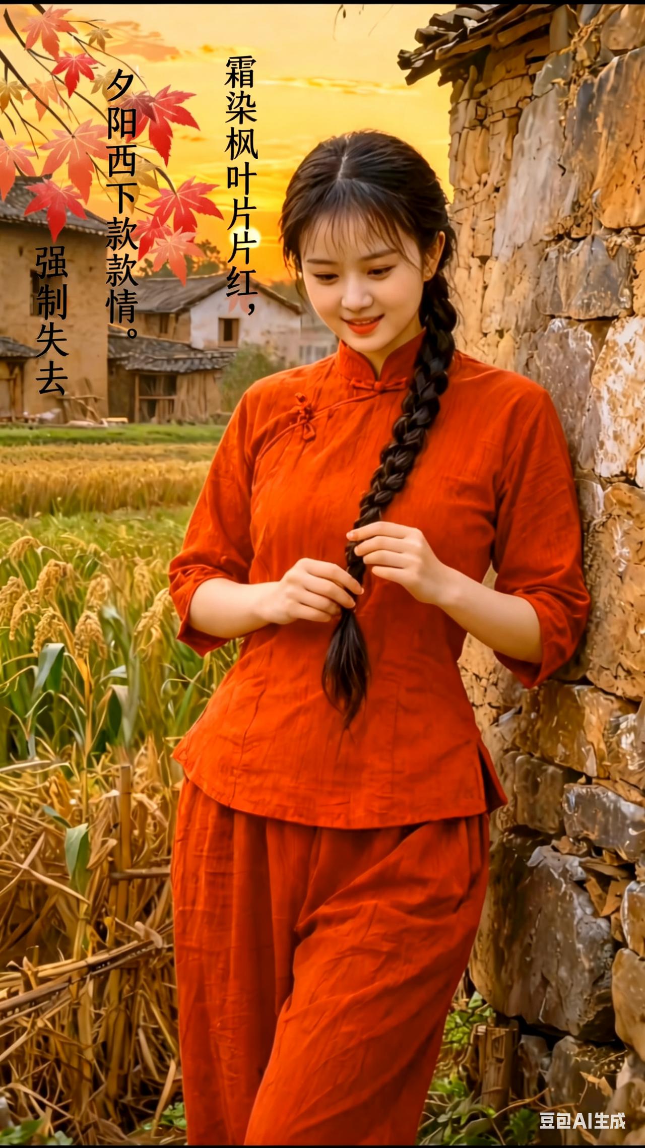 红装美女倚墙静立，手持长辫含情脉脉，霜染枫林漫山绯红，夕阳斜洒尽诉柔情。画面整体