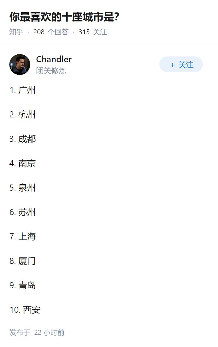 你最喜欢的十座城市是？