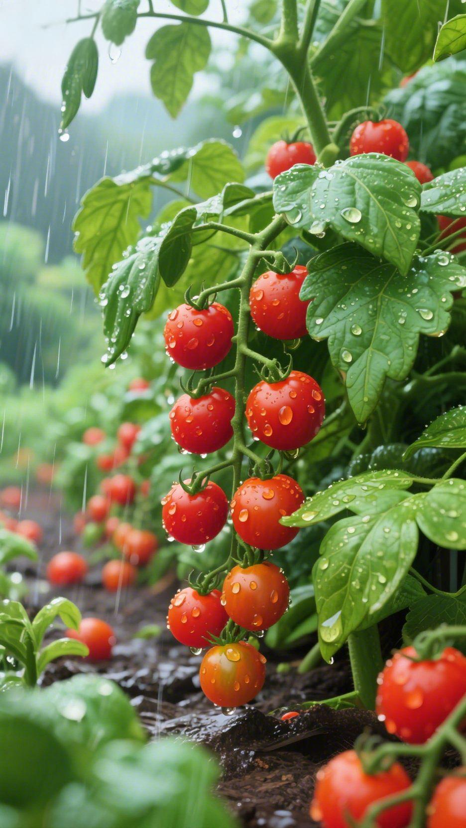 雨落番茄红满枝
 
一场淅淅沥沥的夏雨，把菜园晕染成了最鲜活的模样。
 
细密的