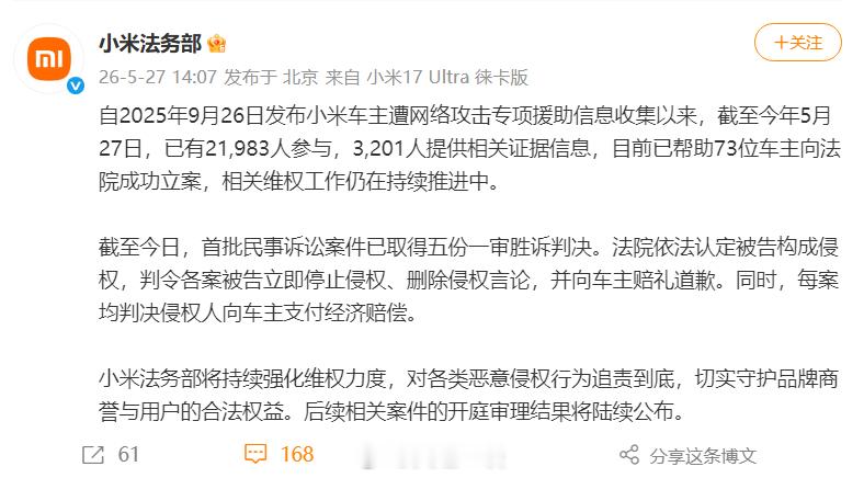 小米帮车主维权最新进展1、截至5月27日已经有21983人参与，3201人提供相