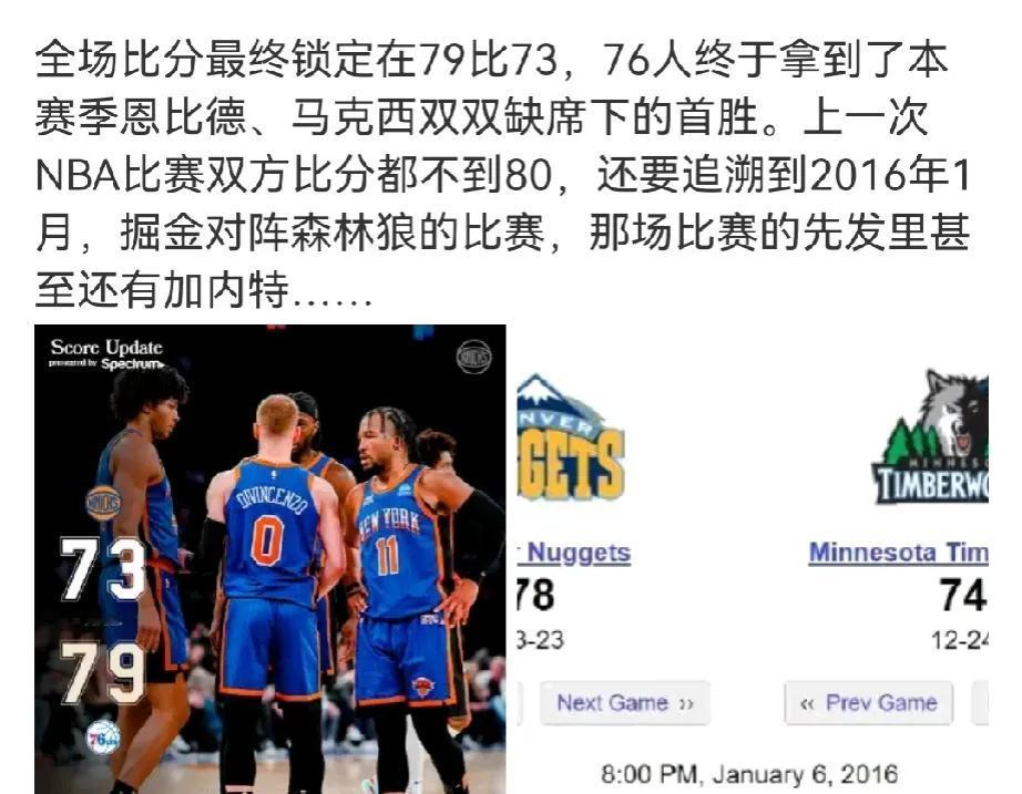 76人得79分战胜尼克斯
尼克斯73分还没有人家名字多
8年来首次两队得分都低于