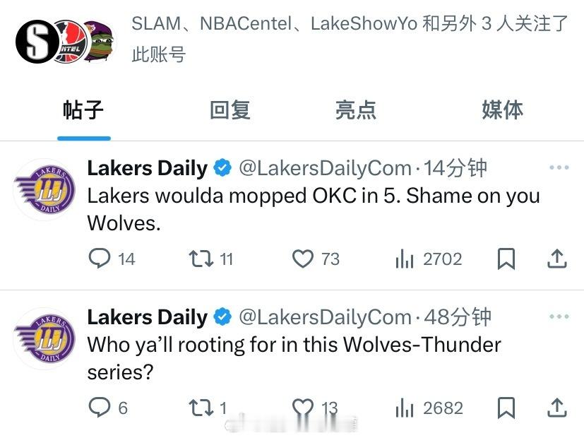 森林狼126-128不敌雷霆，系列赛1-3落后对手。赛后，知名湖人自媒体Lake