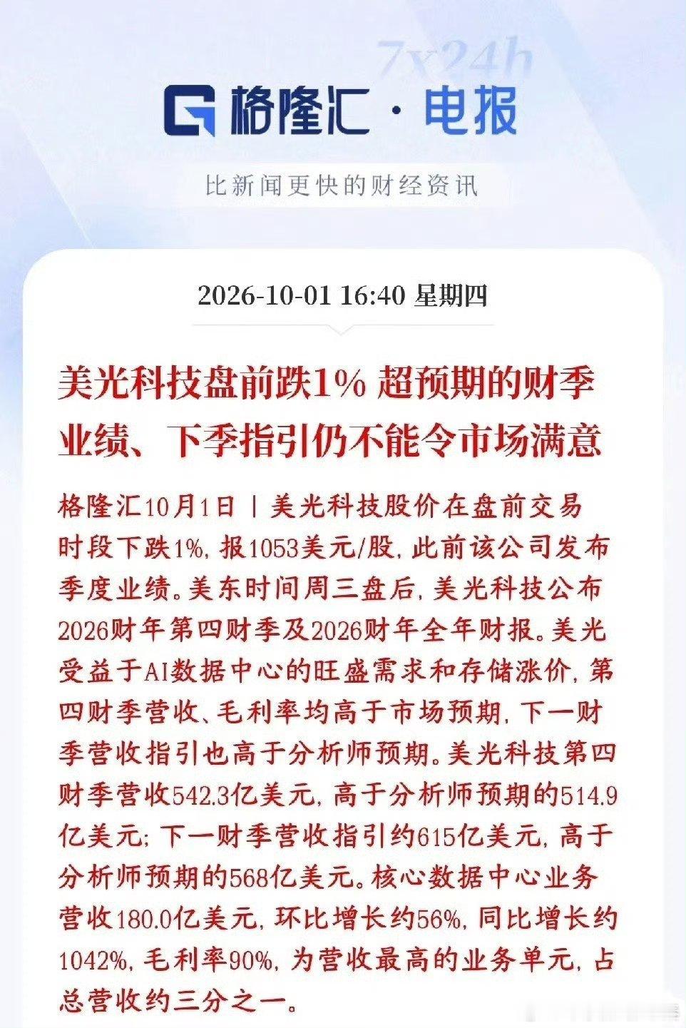 美股又闹大乌龙，上午还是大利好下午就变大利空美光财报数据看着很漂亮：本季度营收、