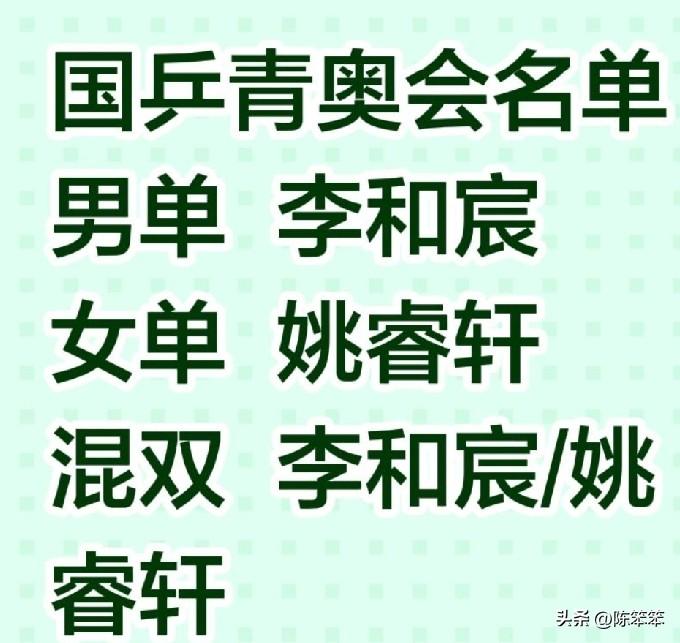 尘埃落定，2026年青奥会国乒名单确认，李和宸、姚睿轩入选！
2026年的青奥会