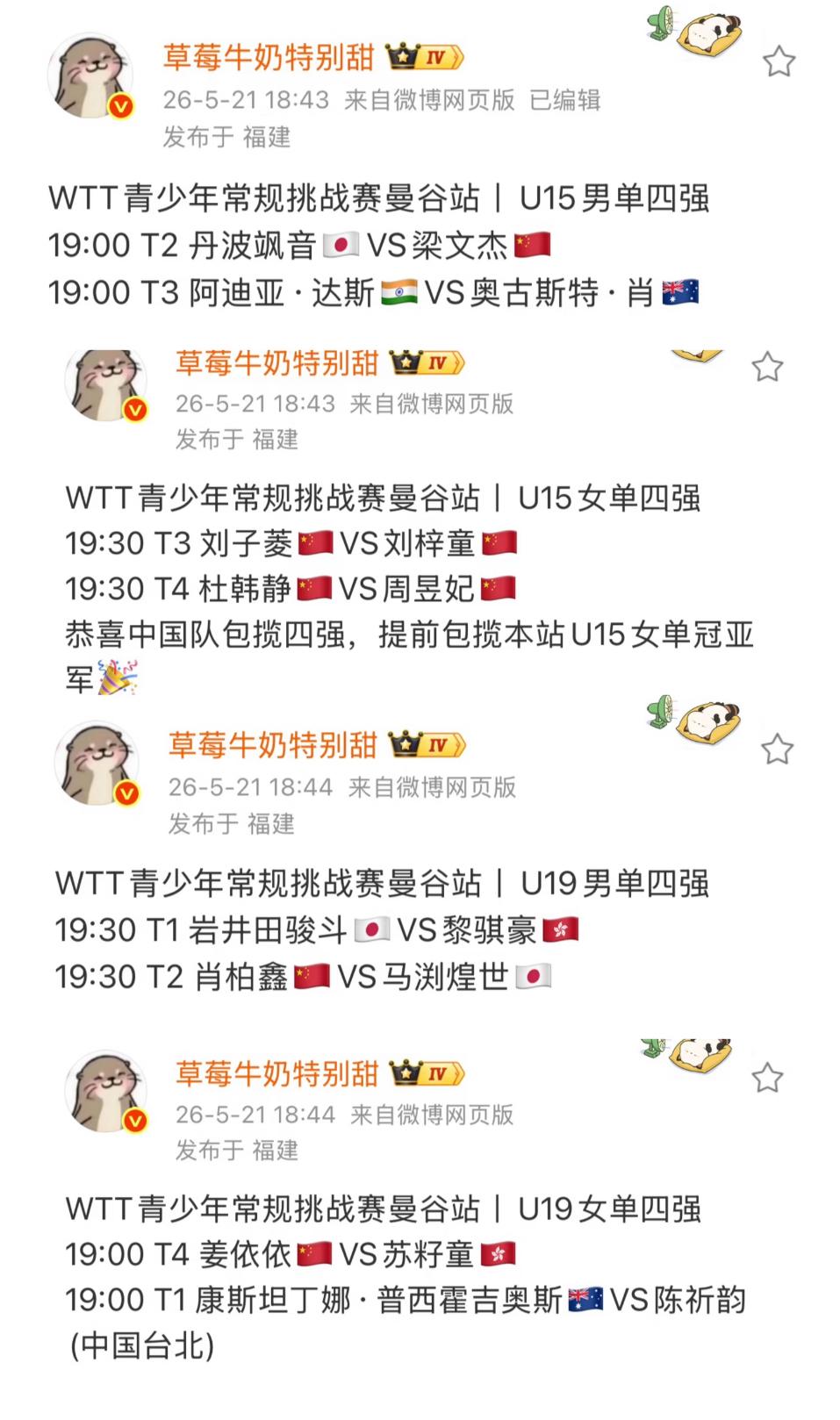 WTT青少年常规挑战赛曼谷站U15，U19男女单打四强出炉—U15国乒女将包揽四