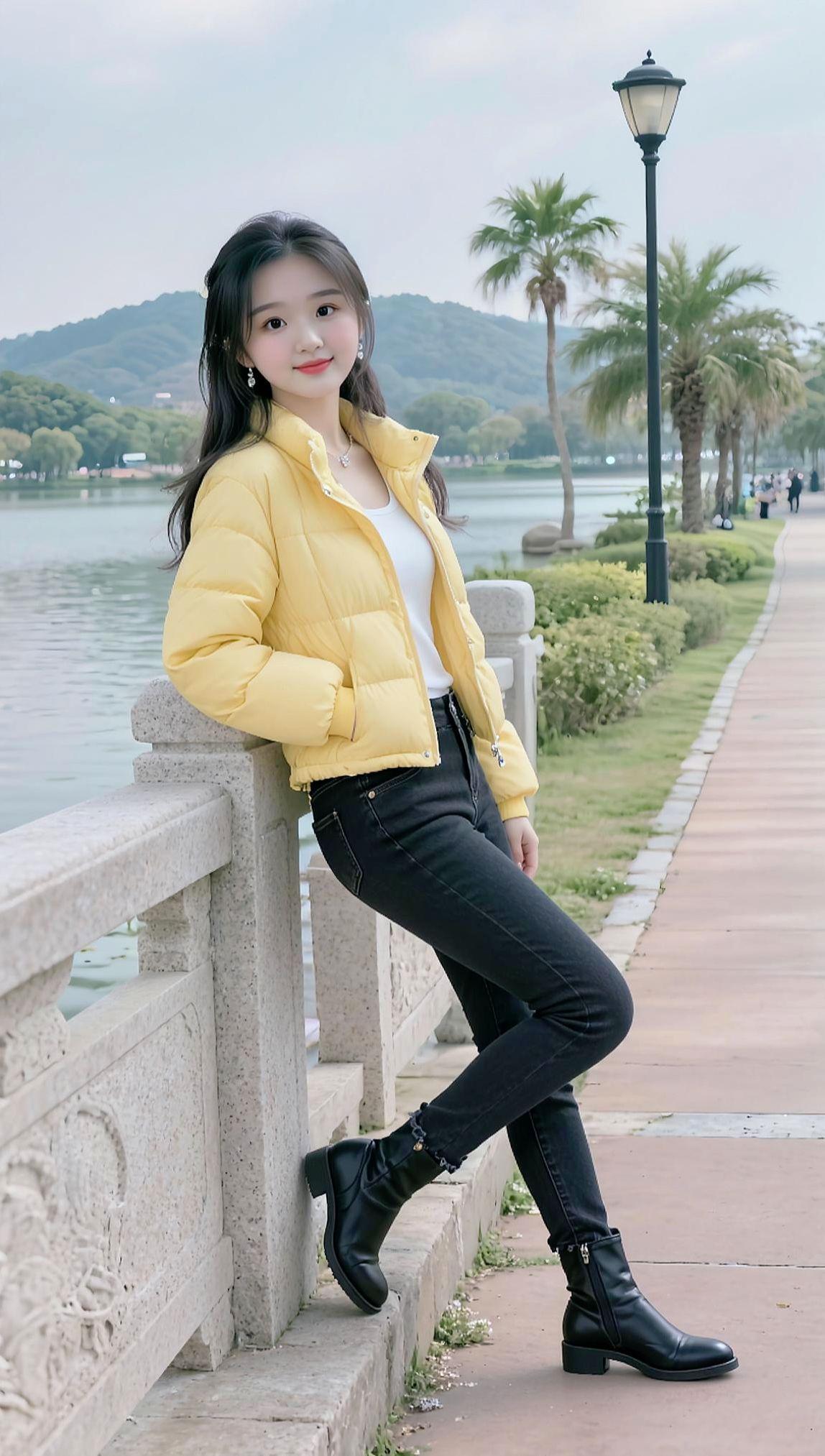 背靠着桥栏杆 颜值 美女