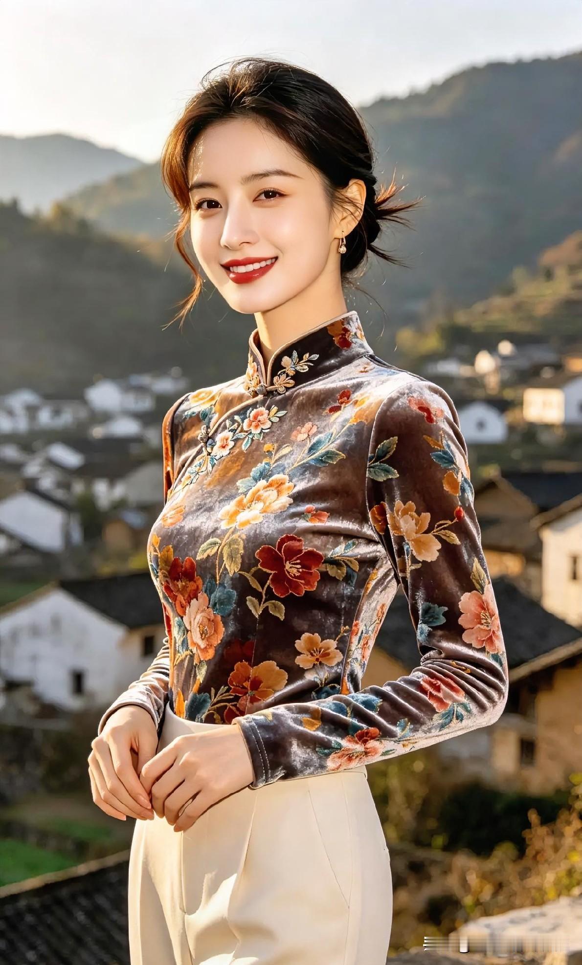 远山如黛，古村含烟。丝绒旗袍晕染繁花，温婉立成诗画。笑靥映暖阳，衣袂揽风华，将东