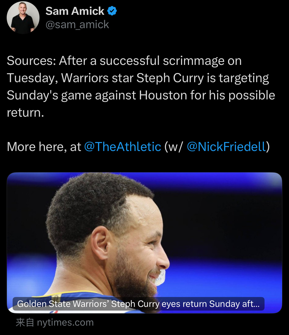 Sam Amick：库里计划下周一主场对阵火箭复出！ 
