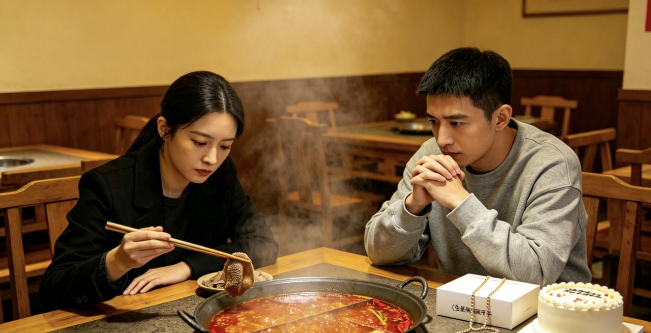 他们约在常去的那家火锅店吃“散伙饭”。
她涮着毛肚，头也没抬：“我算了一下，恋爱