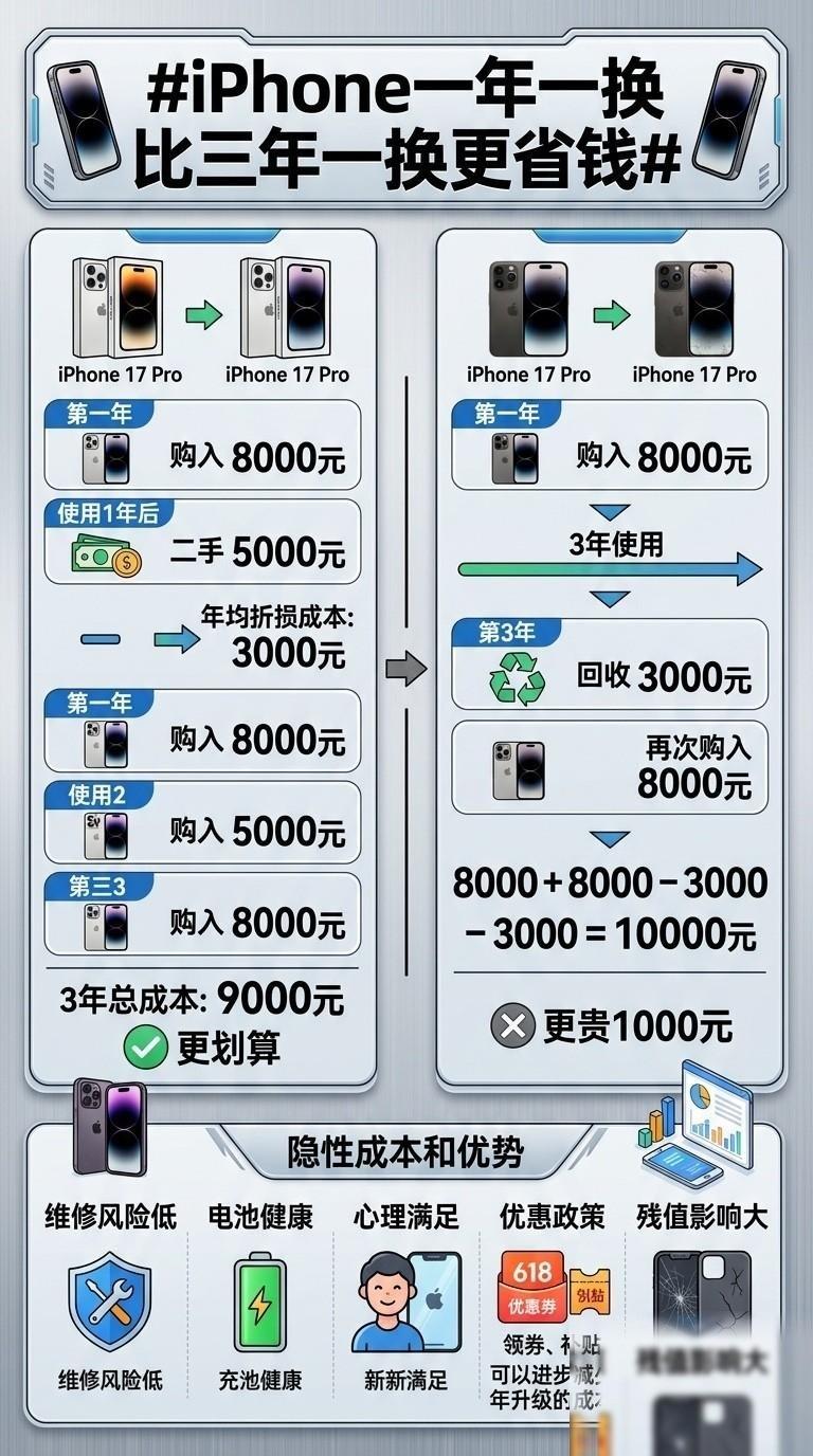 很多人觉得iPhone用三年才最省钱，但仔细算账后会发现，一年一换其实根本不是败