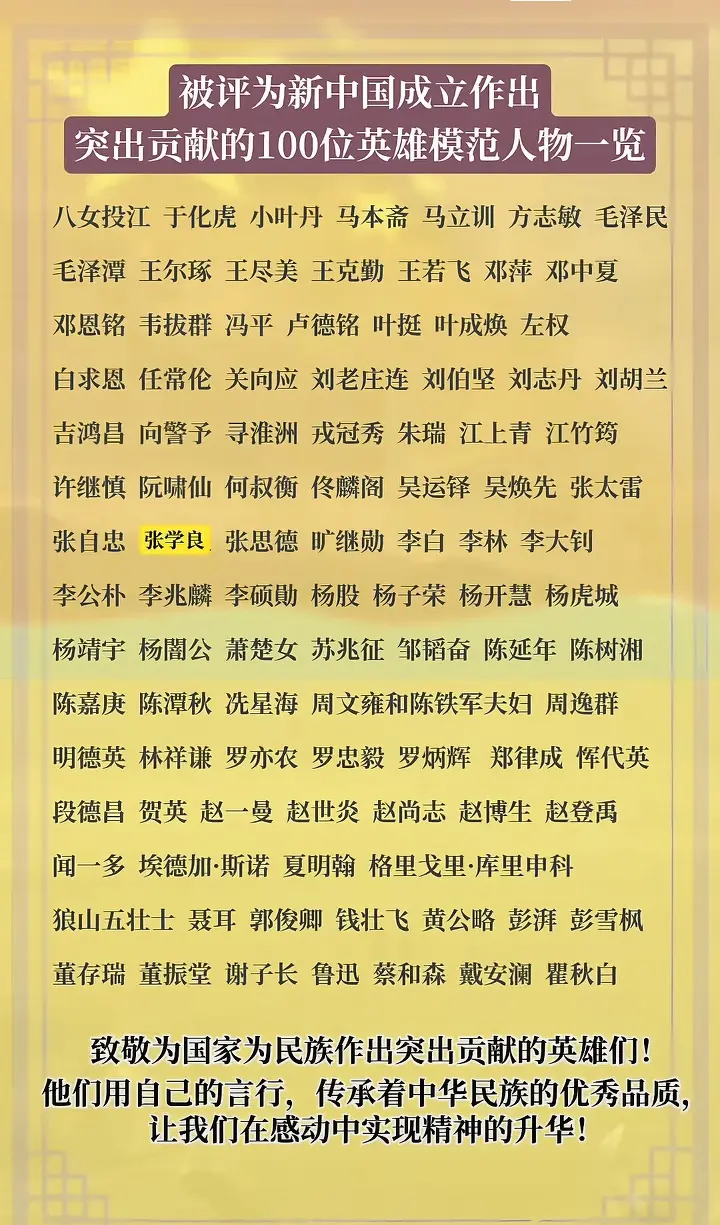 为国家为民族做出突出贡献的100位模范人员。