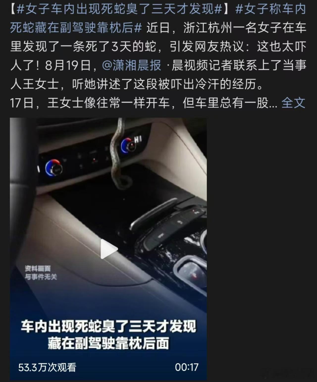女子车内出现死蛇臭了三天才发现，我觉得还好发现的时候已经不是活的了，不然那更惊吓