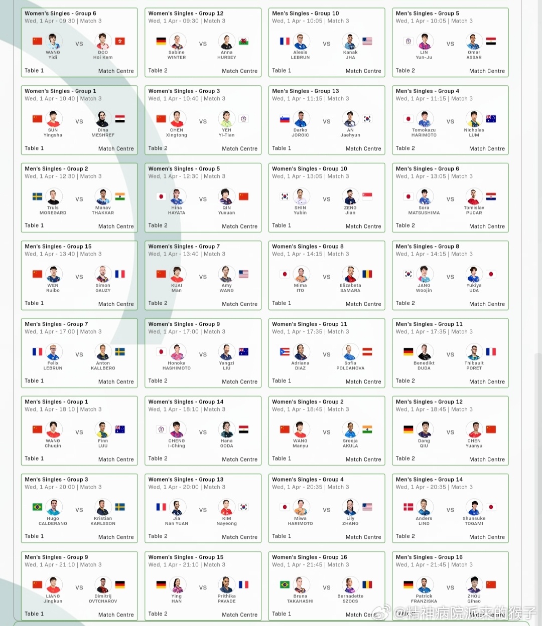 2026年澳门乒乓球世界杯第三比赛日赛程：4月1日09:30 女单 T1：王艺迪
