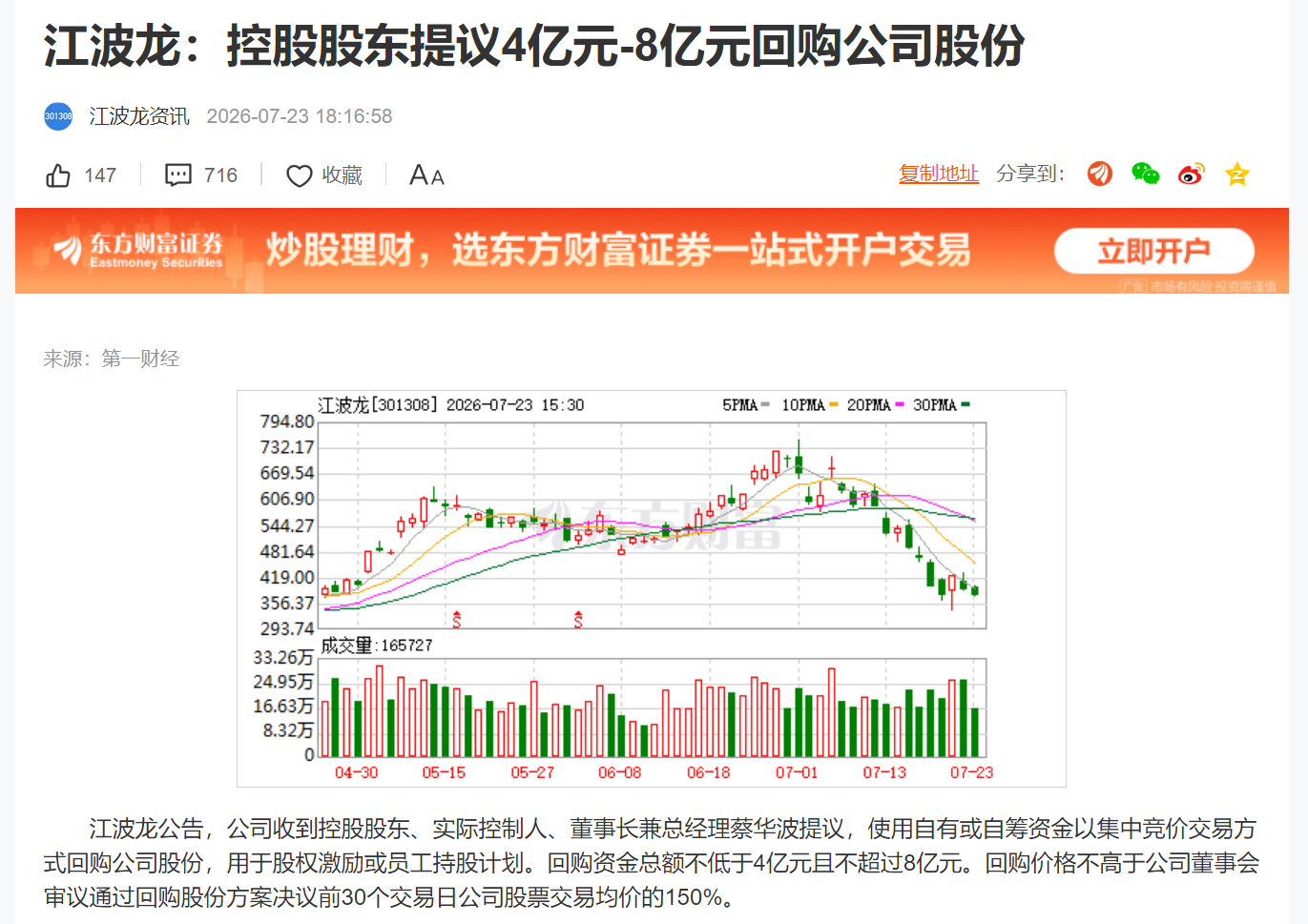 江波龙：控股股东提议4亿元-8亿元回购公司股份 