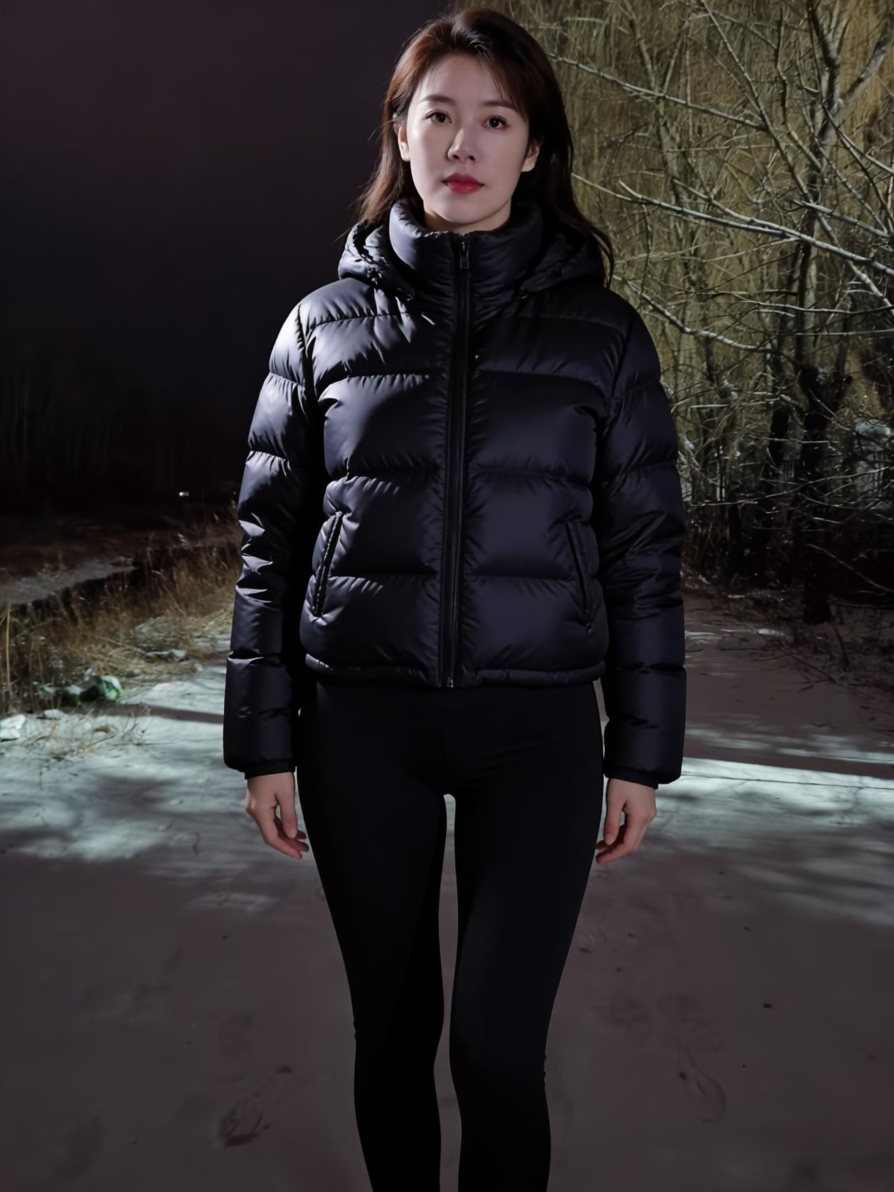 雪夜寒深小径长，美人独立对昏黄。
轻裘不掩明眸闪，胜却人间万点光。