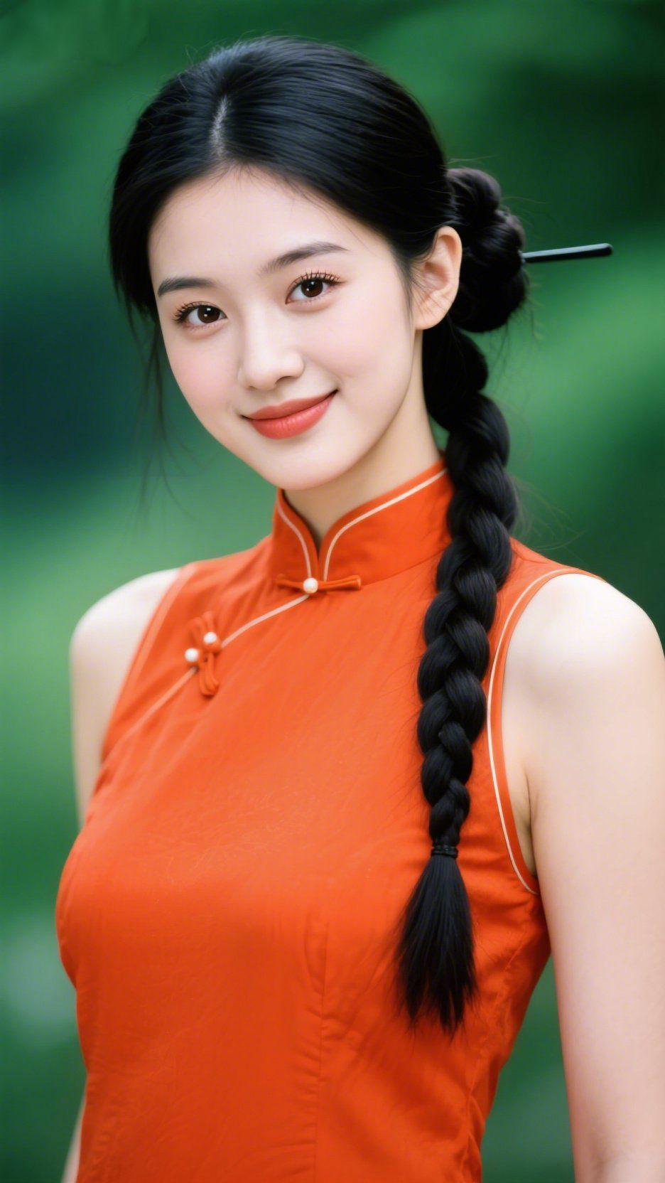 《橘红旗袍的春雅》
 
软风裹着新绿漫过肩头时，她立在光影里——橘红旗袍如揉碎的