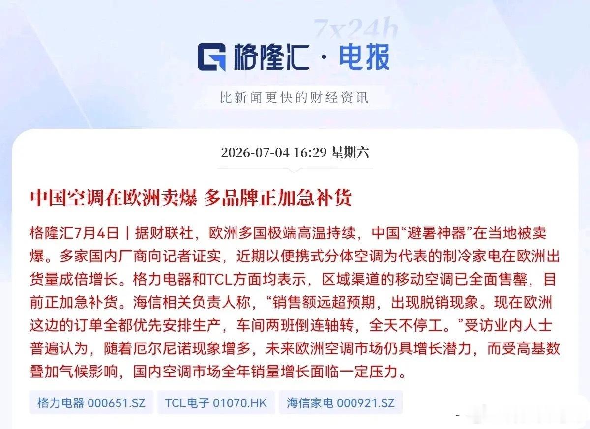 为中国制造点赞👍直接卖断货了！就在刚刚过去的这周，中国空调在海外都被抢疯了下午