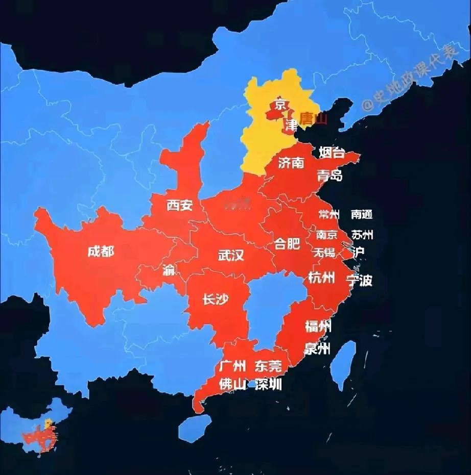 中国GDP万亿城市所在省份连成一片，江西省周边省份都有GDP万亿城市了，只有江西