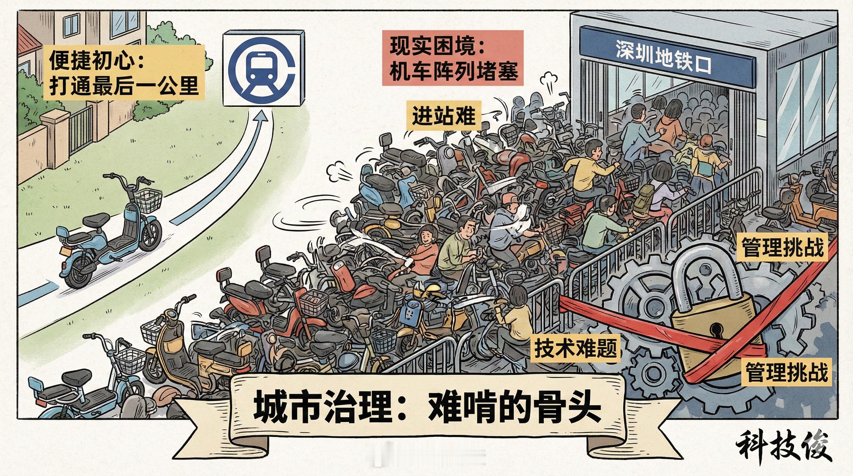 深圳一地铁口被电鸡堵得走不动深圳现在的电鸡密度真的是肉眼可见的离谱，特别是早晚高
