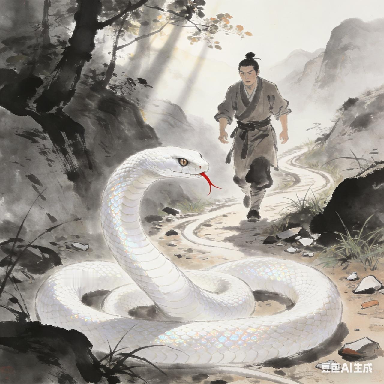 长平人鲁子华，有一次途经芒砀山。行至山道间，忽见一条白蛇横在路前。

鲁子华想从