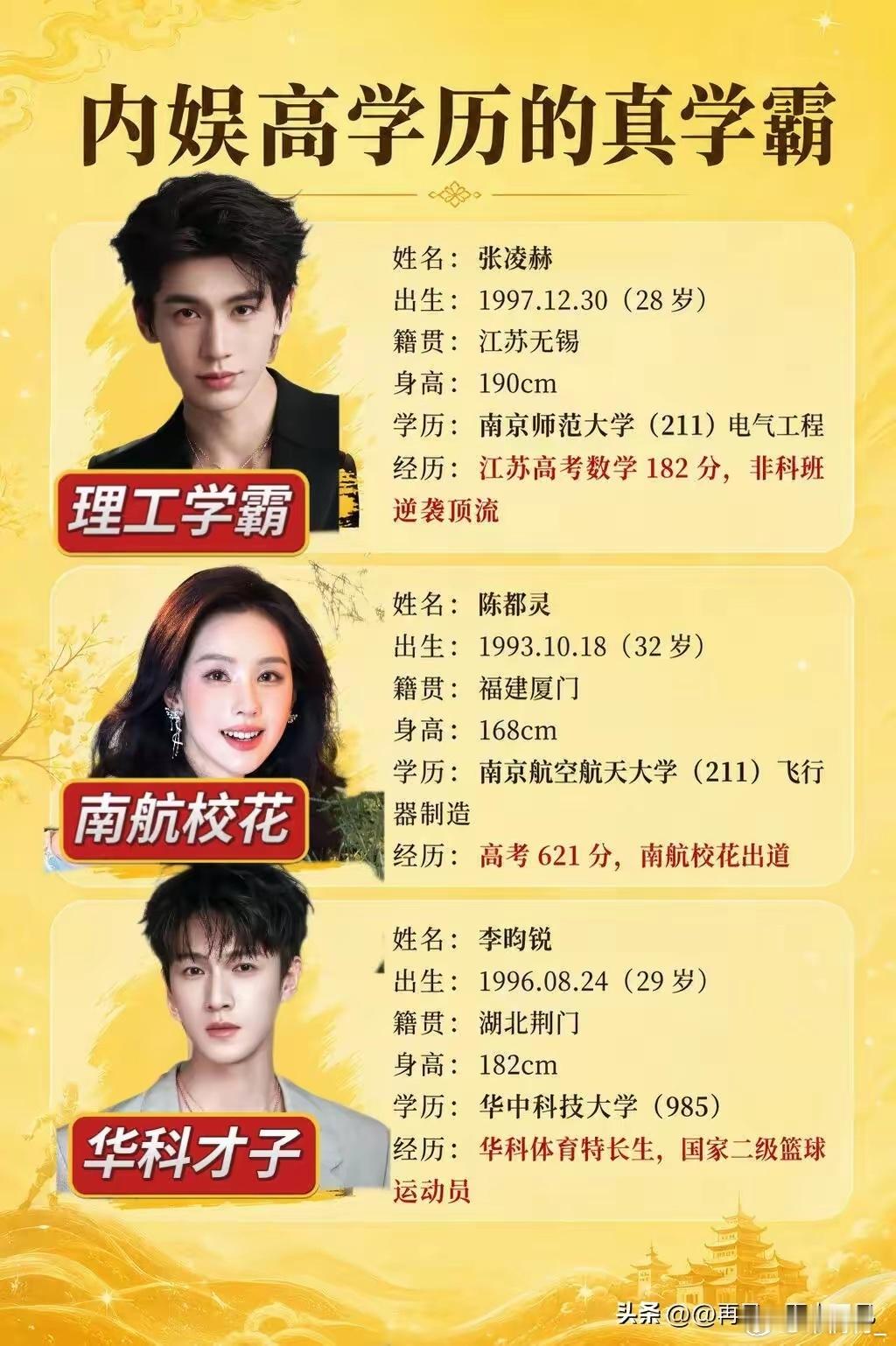 不得不说内娱高学历学霸就是很加分呀 路人缘也都是很好的 像张凌赫 陈都灵 李昀锐