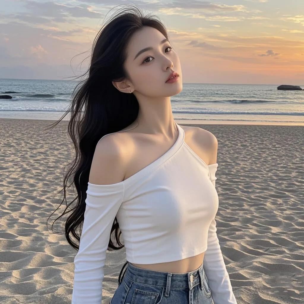 海边少女，温柔晚霞，浪漫时光。