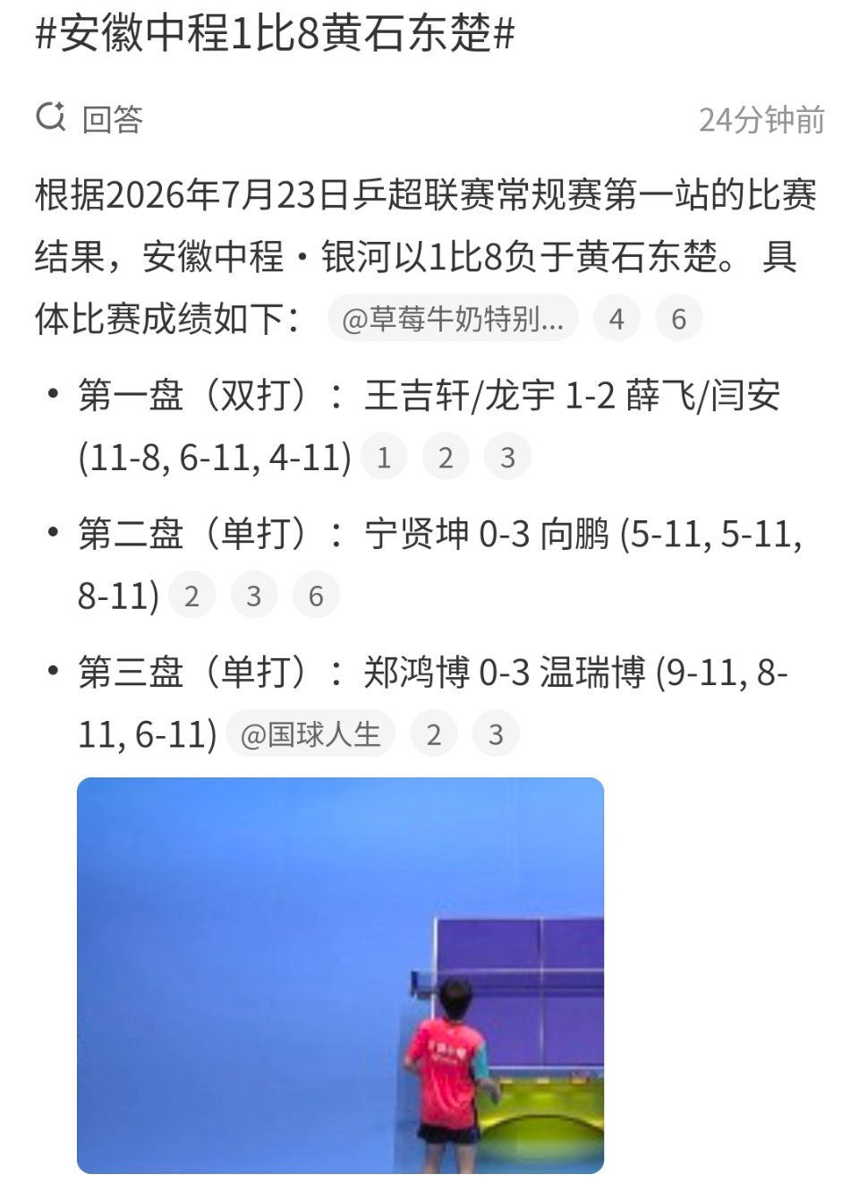 黄石东楚男团开门红安徽中程1比8黄石东楚乒超大连站首轮较量落下帷幕，黄石东楚迎战