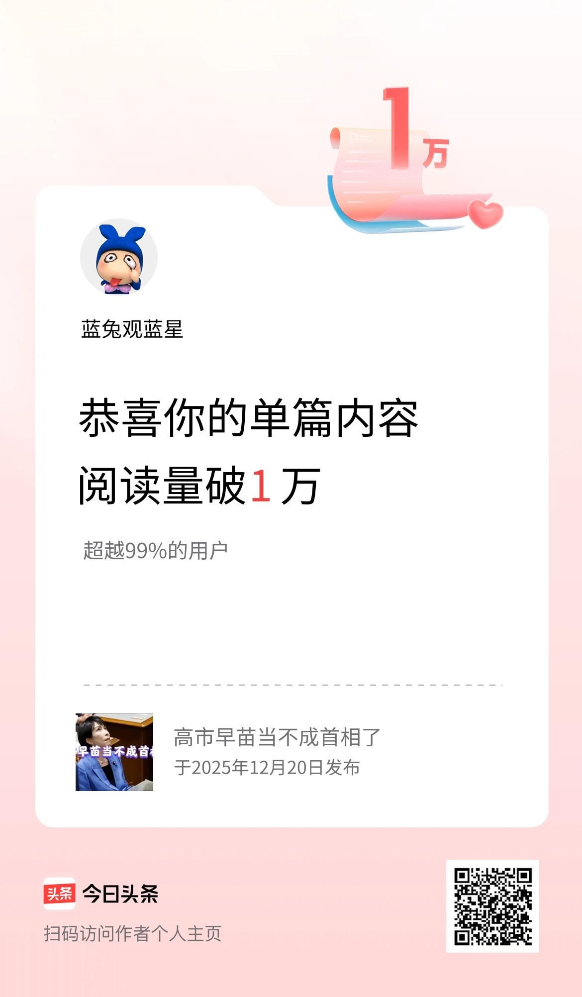 单篇内容获得阅读量破1万啦！