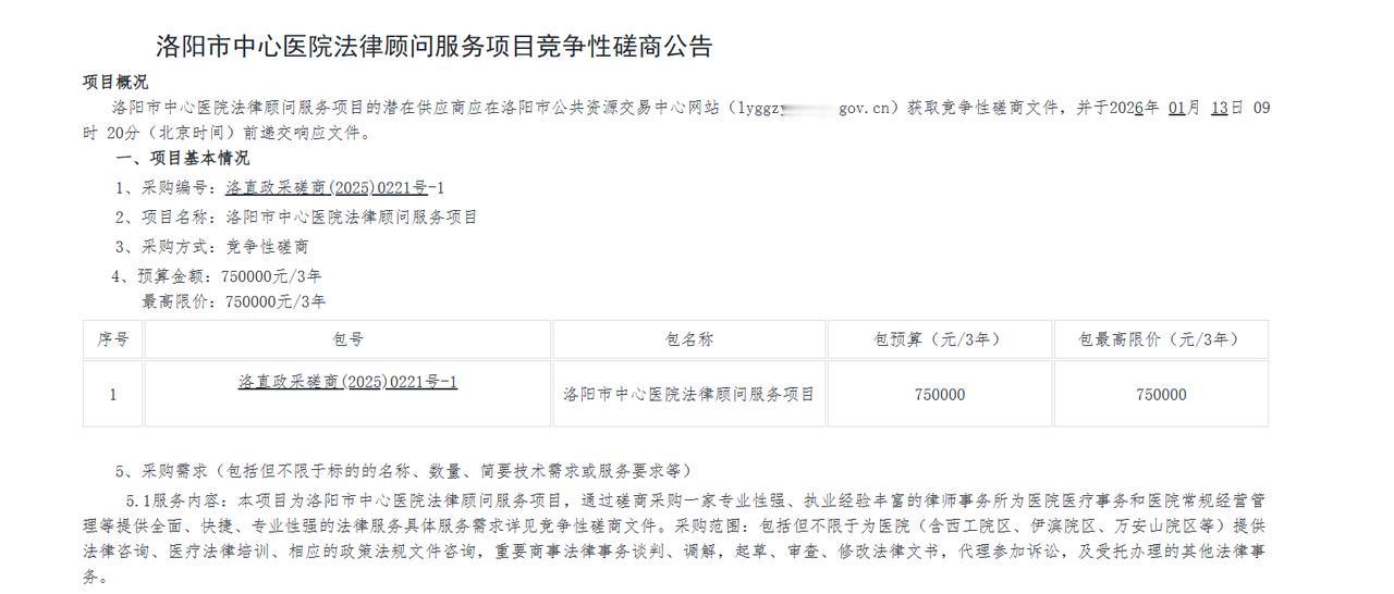 洛阳市中心医院法律顾问服务项目竞争性磋商公告，预算75万元