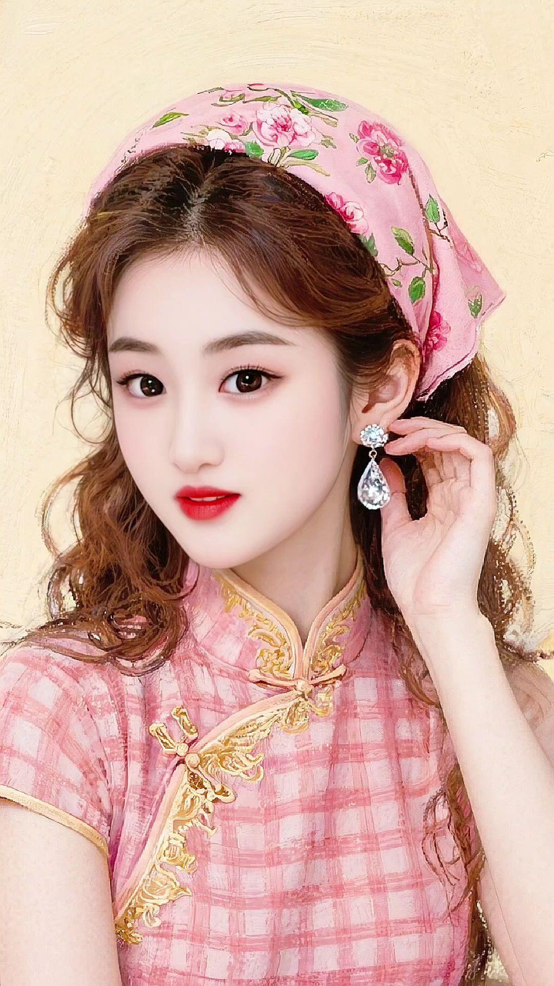 粉色旗袍 卷发造型 淡粉旗袍温婉动人 减龄少女造型 甜美旗袍风格