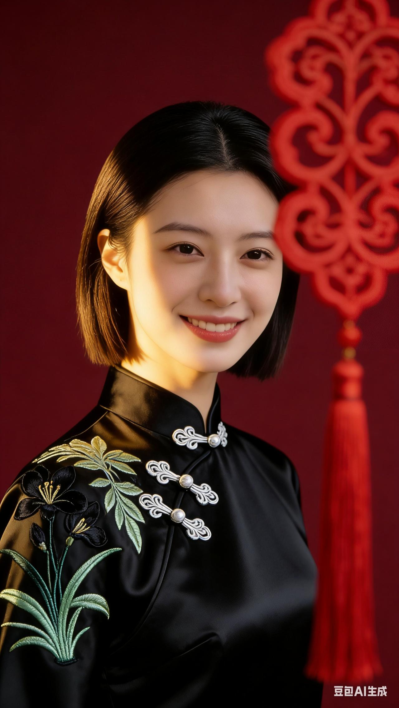 棕短发女子半侧而立，身着墨兰刺绣黑盘扣礼服，神情淡然。右侧朱红流苏前景虚化，侧逆