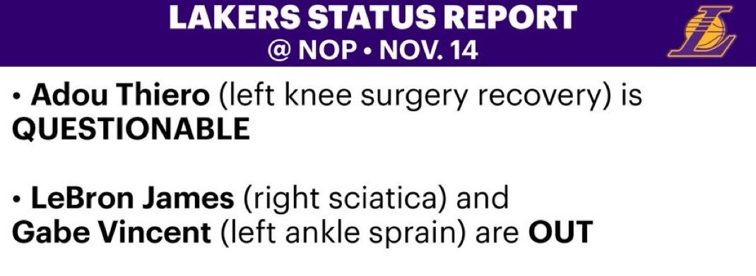 湖人对阵鹈鹕伤病报告，蒂耶罗升级为出战成疑！ 