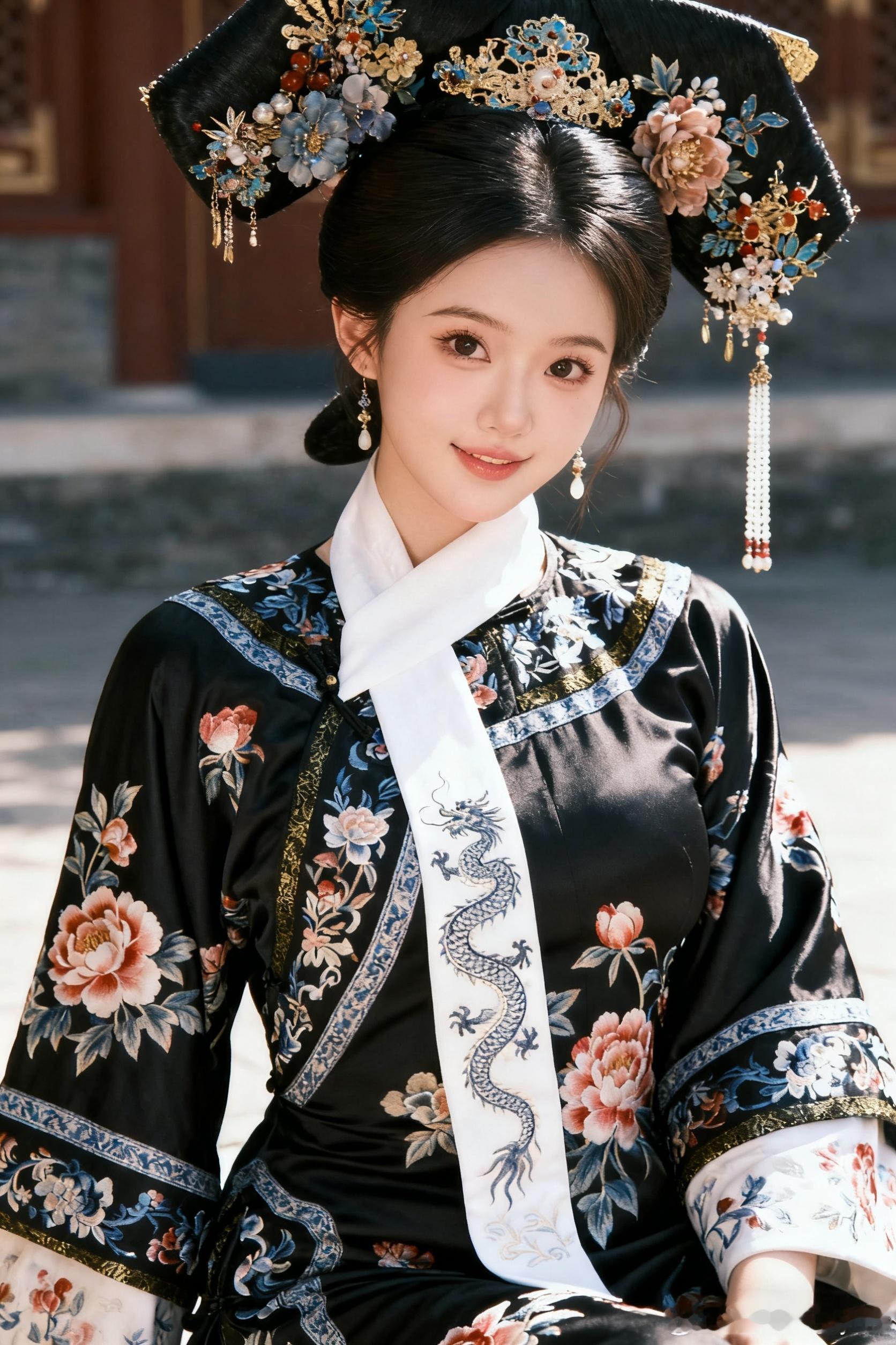 锦衣雪华玉颜色，今天假装一下格格。没见过黑色的清宫服，要不然就自己画一个？这感觉