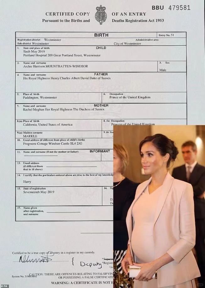 阿奇和莉莉贝特的出生证明，梅根没代孕