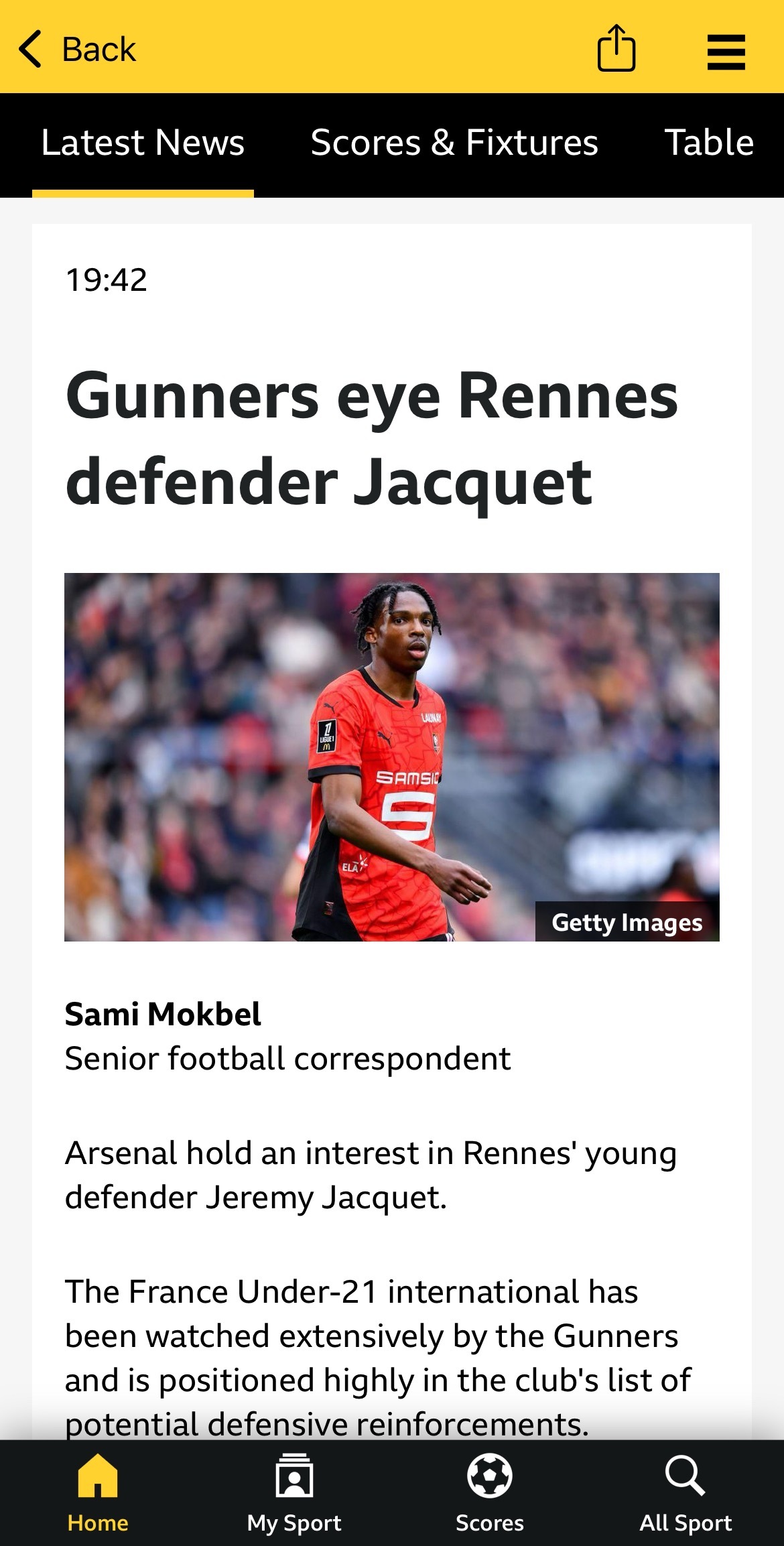 BBC Sport Sami Mokbel：阿森纳对雷恩的年轻后卫杰雷米·雅凯有