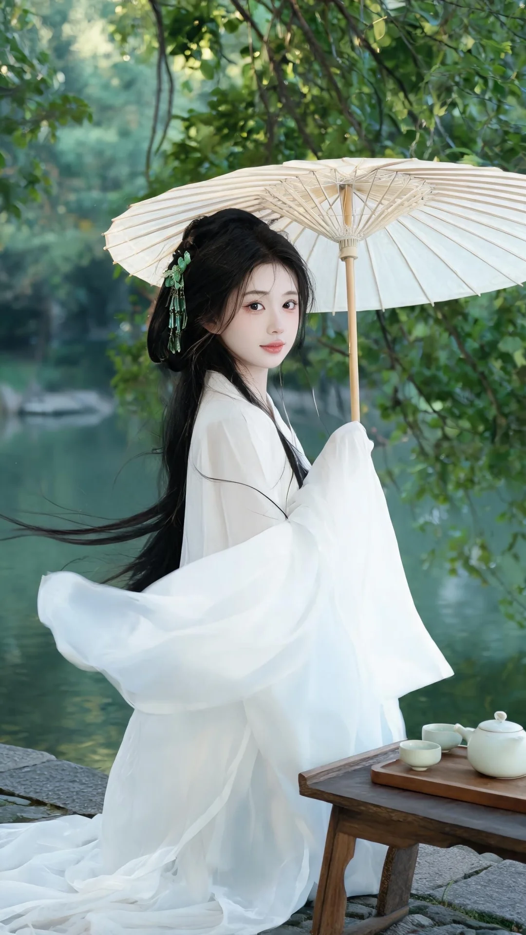 半身写真唯美摄影，超高清，黑色长发梳成古典发髻，穿着白色飘逸广袖汉服...