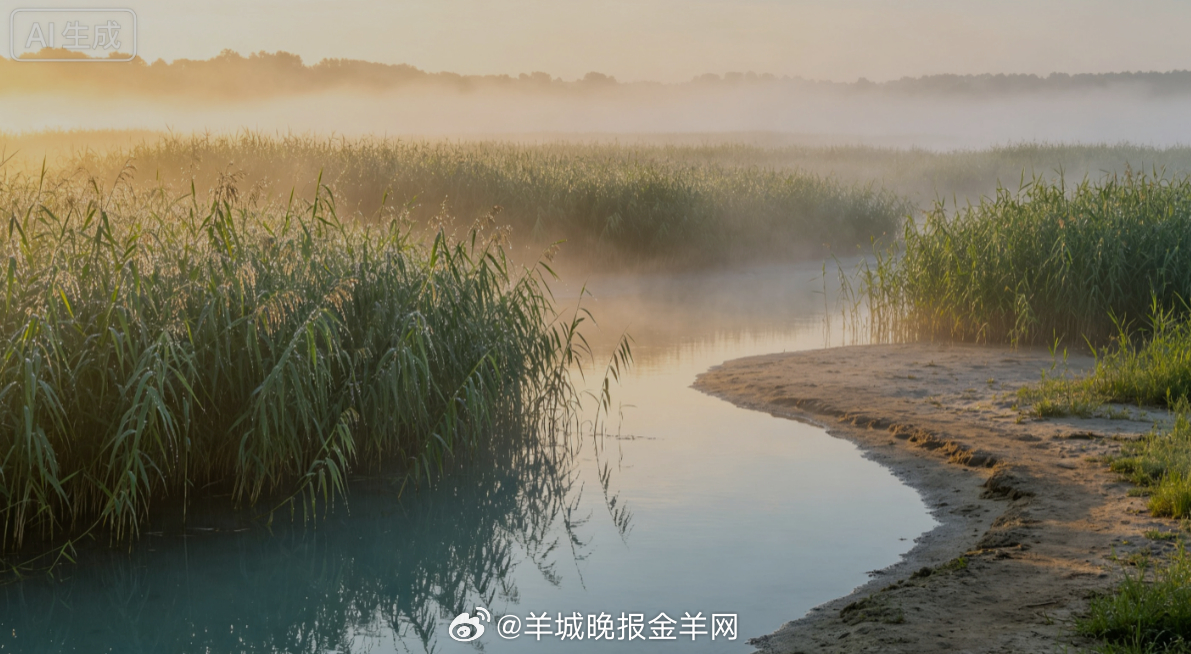 #早安# 盛夏清晨漫着一层柔雾，连片芦苇垂着晨露，浅浅湖水泛着淡金晨光。沿着滩涂