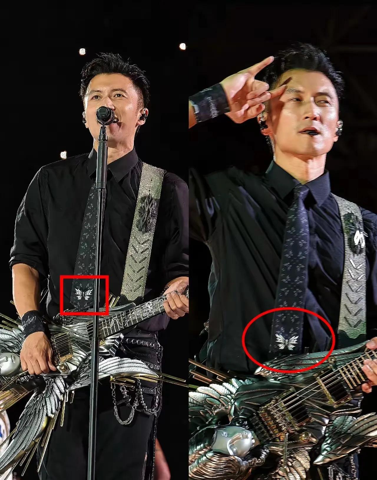 王菲没到现场，一身黑还没走出丧父的悲伤，全程没怎么笑，可那只蝴蝶却牢牢别在领口，