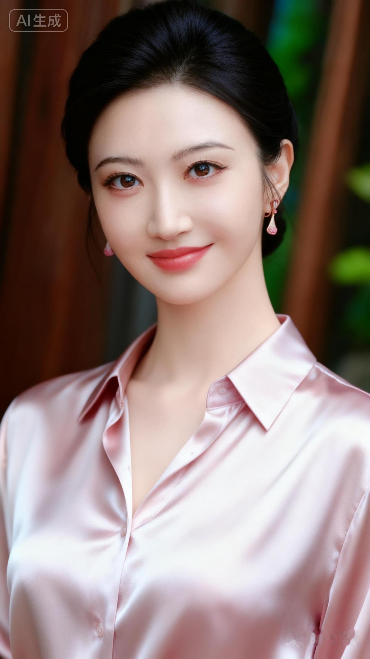 温柔优雅的粉色衬衫，甜美笑容，气质满分！