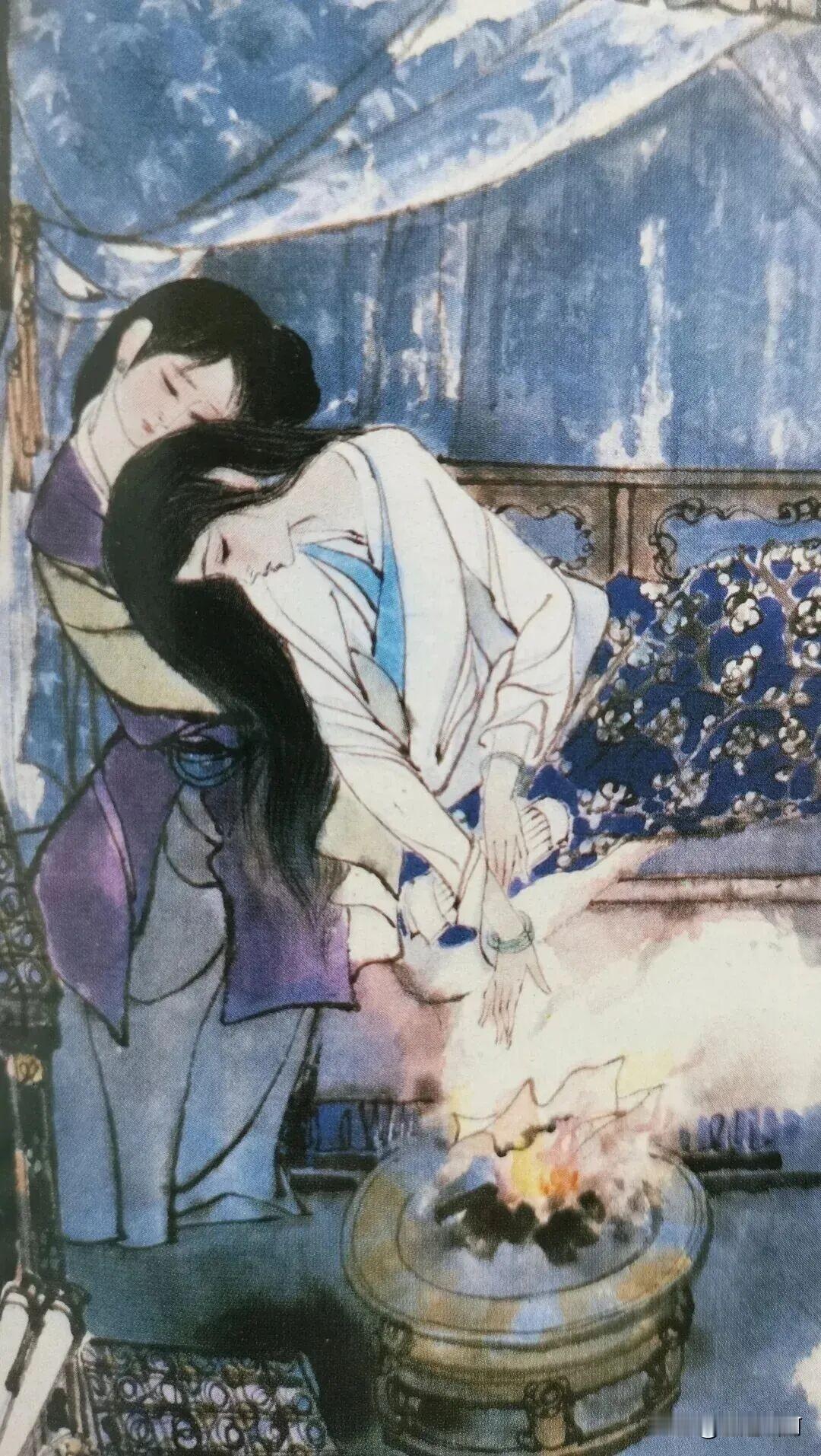 以形写神太美了，刘旦宅《黛玉焚稿》，灰青冷色调，简洁留白和流畅线条刻画黛玉病榻焚